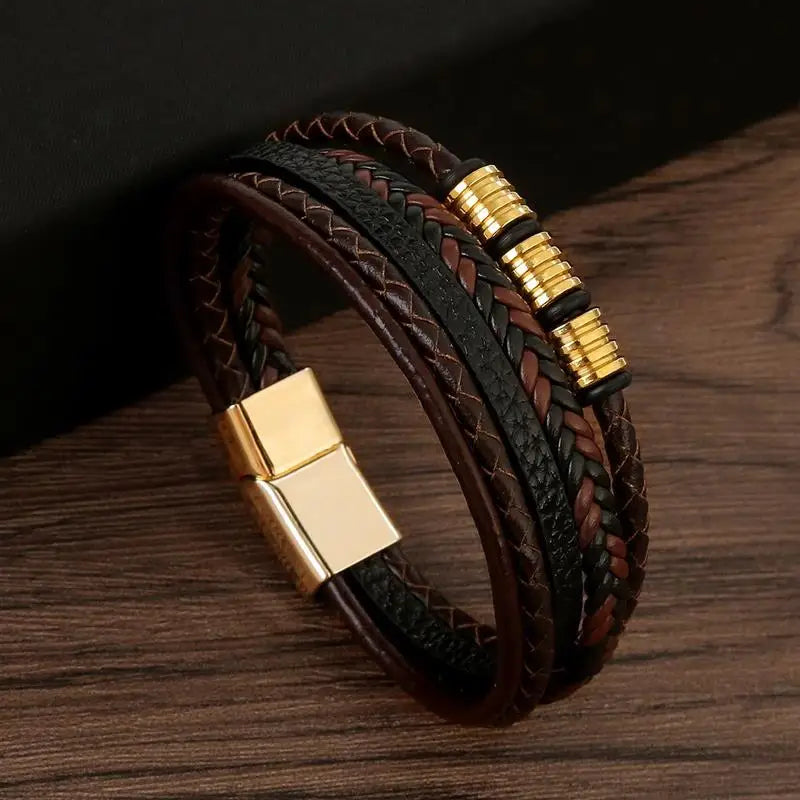 Klassieke Heren Leren Armband Handgevlochten Multi-Layer Mode Accessoire by Tresora