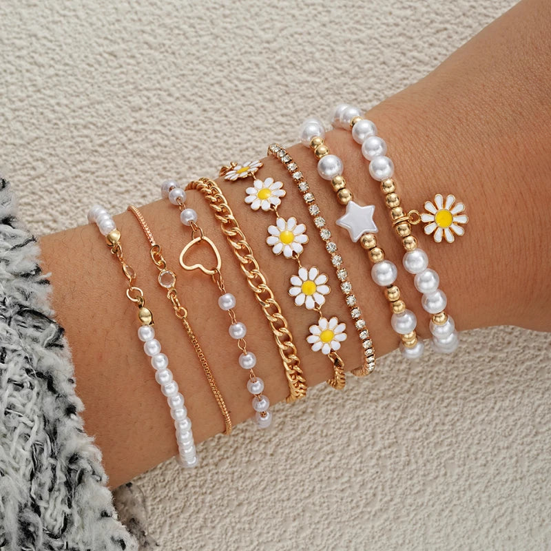 10 delige Vintage Bohemian Armbandenset Dames Sieraden met Bloem, Parel & Kralen by Tresora
