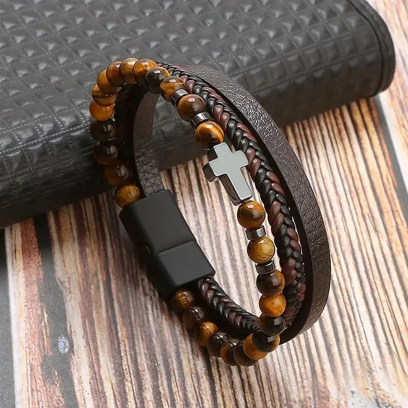 Klassieke Heren Leren Armband Handgevlochten Multi-Layer Mode Accessoire by Tresora