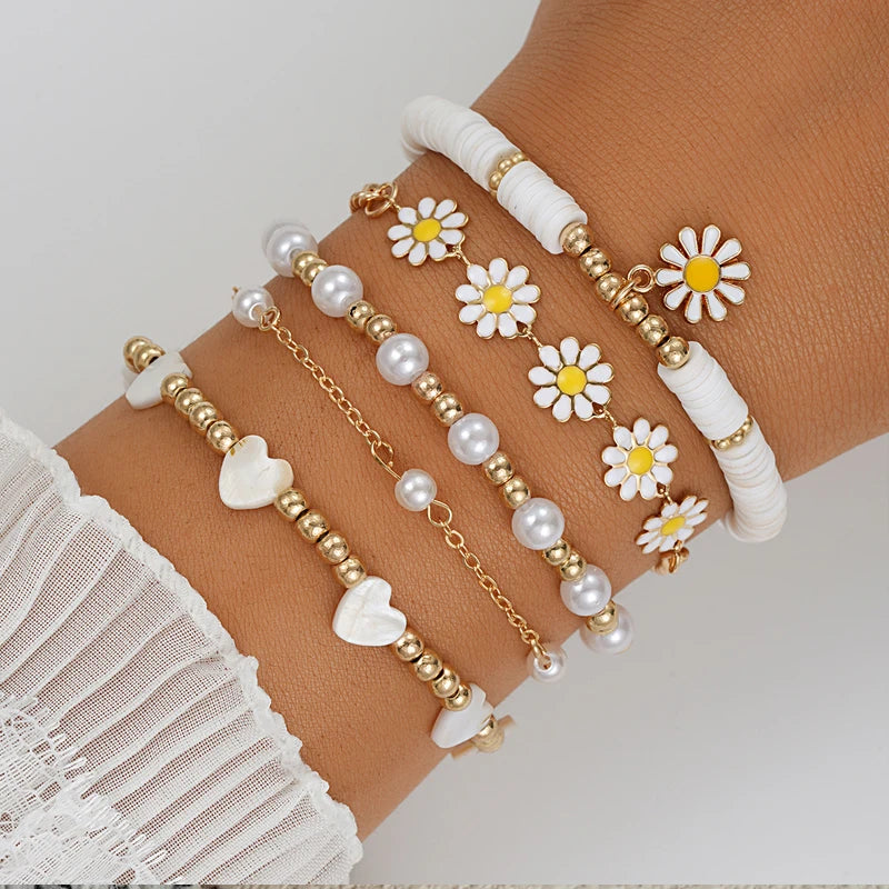 10 delige Vintage Bohemian Armbandenset Dames Sieraden met Bloem, Parel & Kralen by Tresora