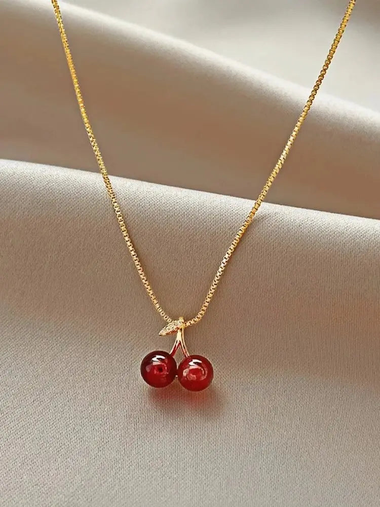 Ketting met Rode Kersen Hanger Dames Goudkleurig Fruit Sieraad